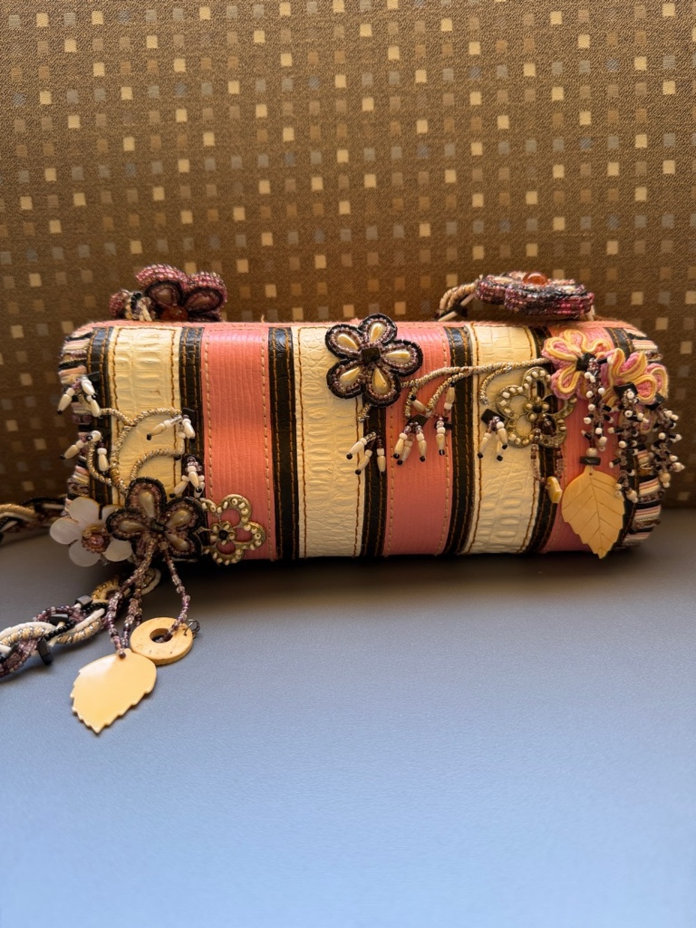 Mary Frances Pink and Cream Striped Floral Cylinder Bag